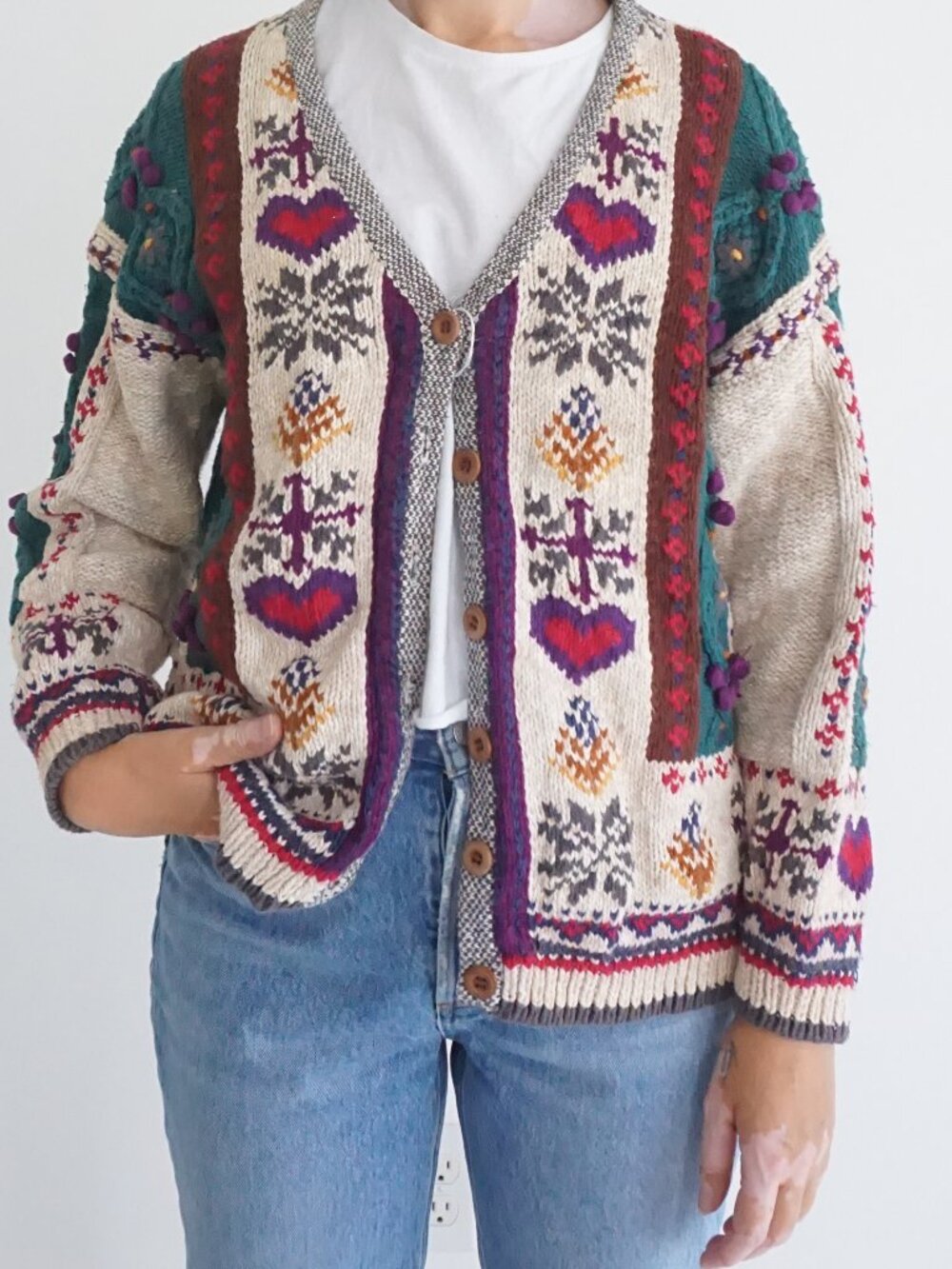 Vintage Ivy Cream Heart Snowflake Floral Fair Isle Hand Knit Textured Cardigan S